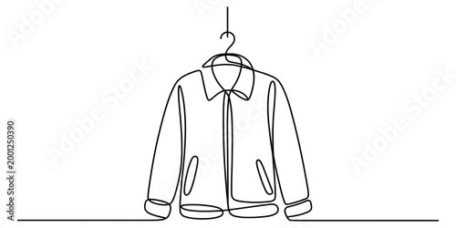 Continuous single line drawing of a jacket hanging on a clothes hanger as a minimalist fashion symbol for clothing store retail or laundry service design
