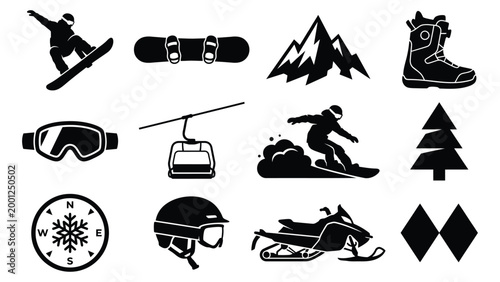 Black and white icons for winter sports and activities including snowboarding skiing snowmobiling and mountain climbing symbolizing adventure and recreation