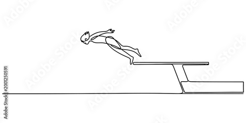 Continuous single line drawing of a swimmer jumping off a diving board into the water for a competitive swimming event or summer sport concept art