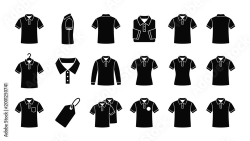 Collection of various black shirts and tops on white background for fashion design and retail concepts