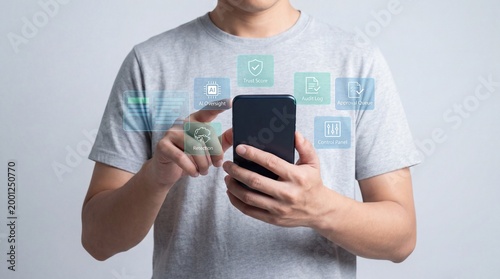 Person using smartphone with floating digital interface icons