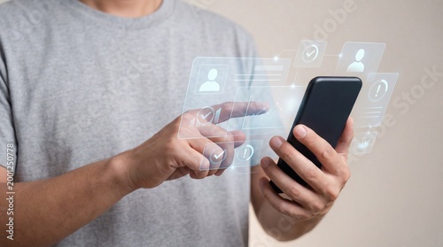 Smartphone user interacting with holographic social network interface