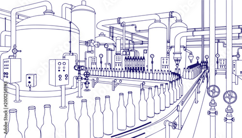 Line Art Hand Drawn Sketch of Brewery Factory Interior with Beer Bottling Production Line