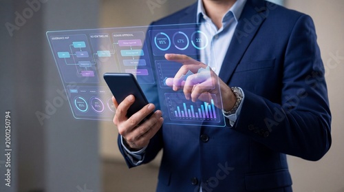 Businessman using smartphone with holographic data dashboards