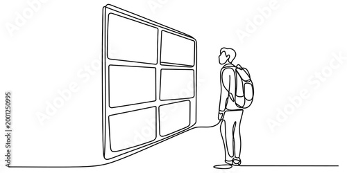 A young student with a backpack looking at a large information board in a continuous one line drawing style