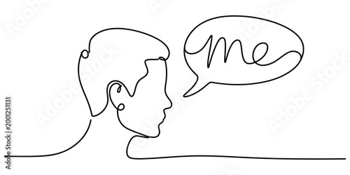 Continuous single line drawing of a man head profile with a speech bubble saying the word me representing self identity ego and personal expression