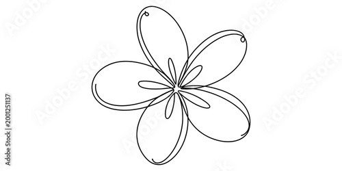 Simple line art drawing of a single tropical plumeria flower blossom with five rounded petals isolated on a clean minimal graphic design element