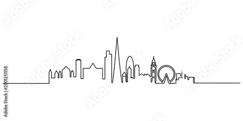 Photography London city skyline silhouette drawn with a single continuous black line showing