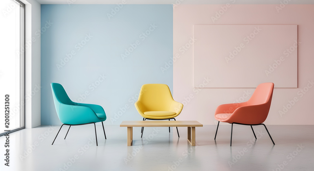 Fototapeta premium Modern Minimalist Waiting Area with Pastel Teal, Yellow, and Coral Molded Plastic Chairs