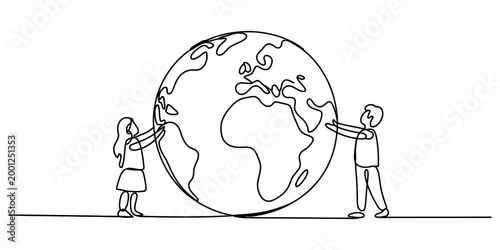 Continuous single line drawing of young boy and girl holding a large globe together representing friendship and environmental protection for the planet