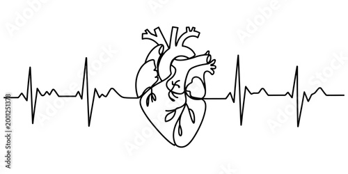Black line drawing of a human heart with a heartbeat rhythm pulse line, a simple creative medical illustration for healthcare and cardiology concepts