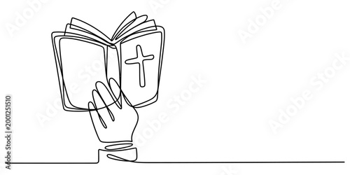 Continuous single line drawing of a hand holding an open bible with a christian cross symbol on the cover for religious faith and worship concept