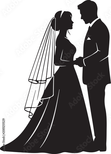 Black silhouette of bride and groom holding hands wedding 