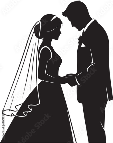 Black silhouette of bride and groom holding hands wedding