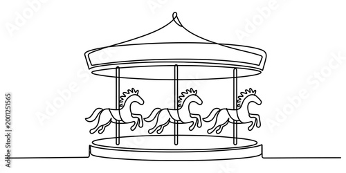 Continuous single line drawing of a carnival carousel with horses for a fun amusement park ride concept for children entertainment and fairground joy