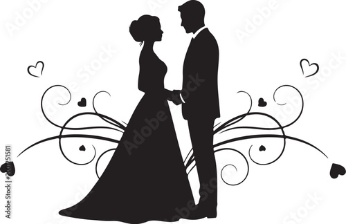 Black silhouette of bride and groom holding hands with