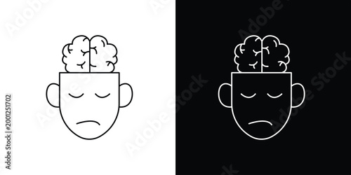 Minimalist icon illustrating a sad or stressed human head with an exposed brain, symbolizing mental health challenges, exhaustion, or cognitive load