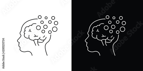 Abstract vector icon of a human head with a visible brain and small floating spheres, representing cognitive function, memory, mental processing, and neural activity