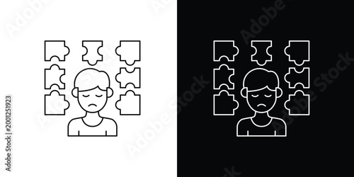 Line art icon symbolizing mental confusion and emotional distress, depicting an individual struggling to piece together solutions amidst challenging thoughts