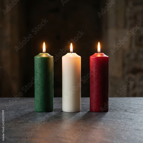 Three lit pillar candles in green, white and red colors