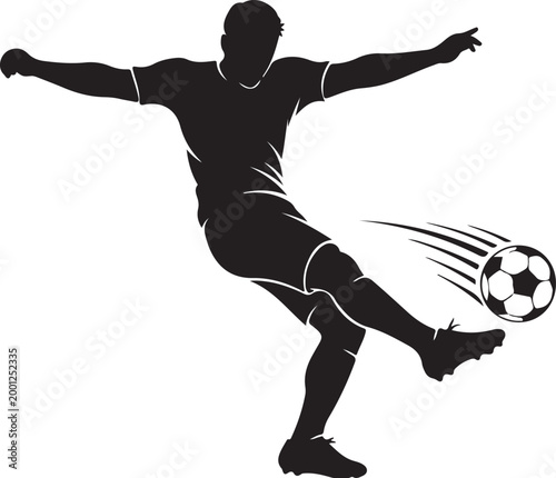 Black silhouette soccer player kicking ball football