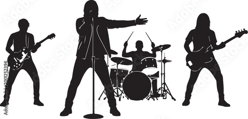 Black silhouettes of musicians playing guitars and drums