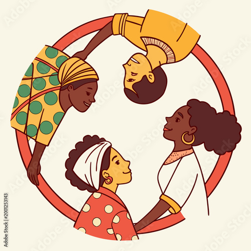 Tableau sur toile Diverse women portrait inside circular red frame.