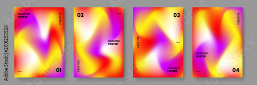 A collection of four vibrant abstract posters featuring fluid mesh gradients in warm orange and purple tones for creative design projects