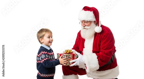Santa Claus giving a gift to a happy little boy on Christmas with a white background featuring present, holiday, festive with season and winter
