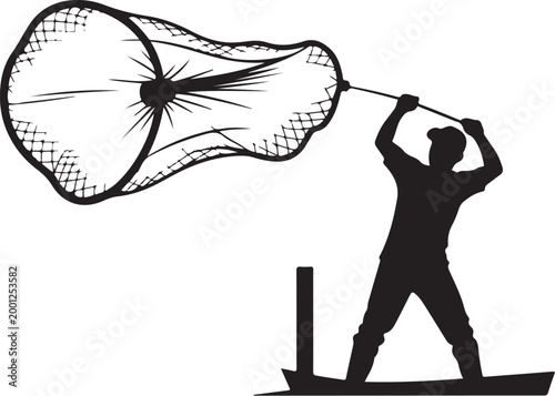 Man in silhouette throwing fishing net black