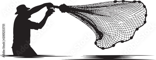 Man in silhouette throwing fishing net into water