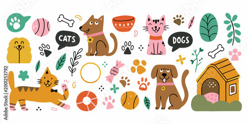 cats and dogs playful pets with colorful speech bubbles