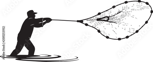 Man pulling large fishing net through water silhouette black