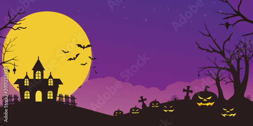 spooky halloween landscape with haunted house and pumpkins