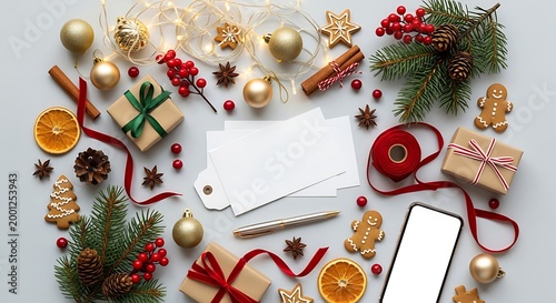 Smartphone display showcasing a blank white screen surrounded by festive Christmas decorations, gift boxes, and writing materials for holiday