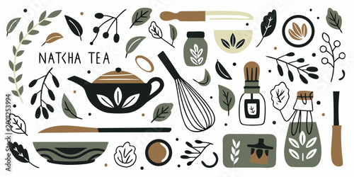 matcha tea culture elements with whisk bowl and jars