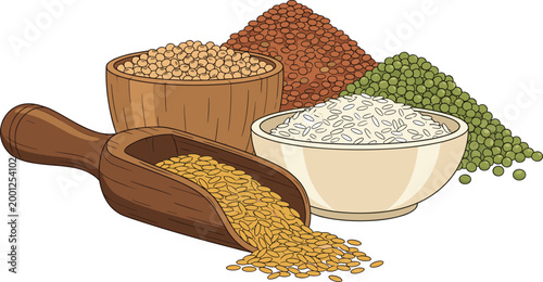 Legumes and Grains Vector Illustration with Lentils, Rice, Peas, Soybeans and Seeds in Bowls with Wooden Scoop for Healthy Organic Food Design