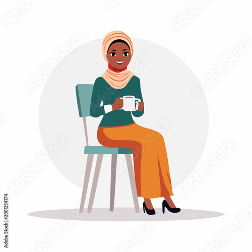 Woman in Hijab Holding a Coffee Mug While Sitting on a Chair