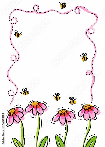 Cute Bee And Flower Border Frame With Pink Doodle Line On White Background, Kids Coloring Page With Bees Flying Around Flowers And Decorative Frame Space. Frame with Flowers and Bees