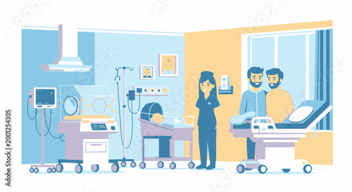 Neonatal Care Unit Scene with Parents and Medical Staff