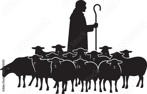 Shepherd with flock of sheep in silhouette black