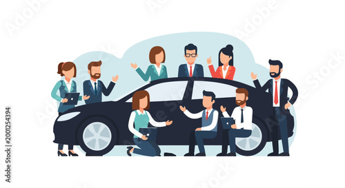Business people around a car.