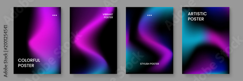 Set of professional vertical posters featuring dark backgrounds with glowing purple and cyan fluid wave shapes in a sleek aesthetic