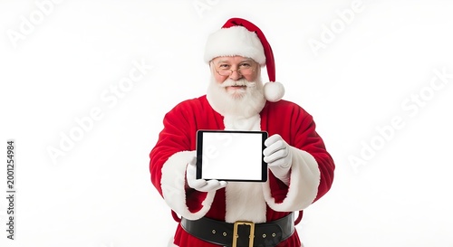 Santa Claus holding tablet with blank screen for Christmas marketing or advertisement on white background