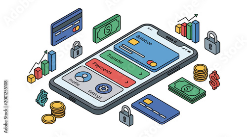 Digital finance and secure mobile banking transactions illustration.