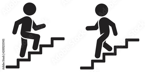 Man walking stairs icon set, vector illustration, up and down steps, progress and direction symbols, staircase movement, user interface icons, clean modern design