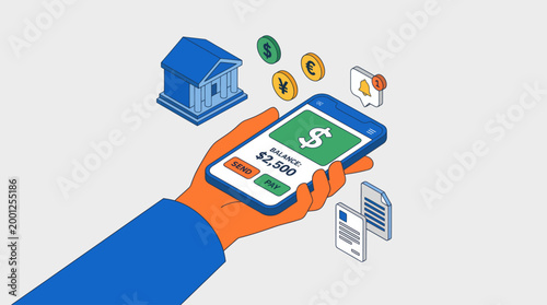 Hand holding smartphone with banking app for digital finance management.