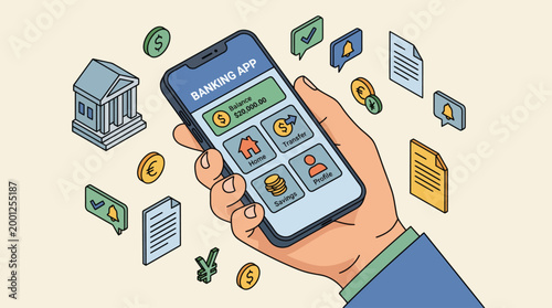 Hand holding smartphone with banking app interface and financial icons.