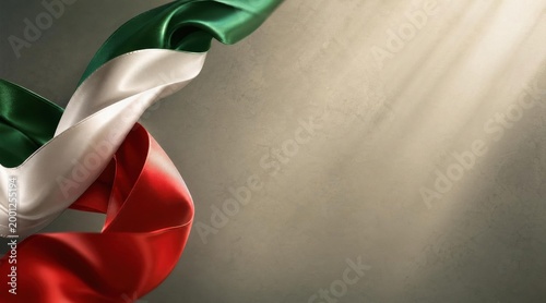 Italian flag waving silk ribbon with bright rays of light background