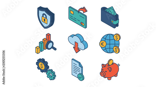 Isometric Business and Finance Icons Set for Digital Concepts.